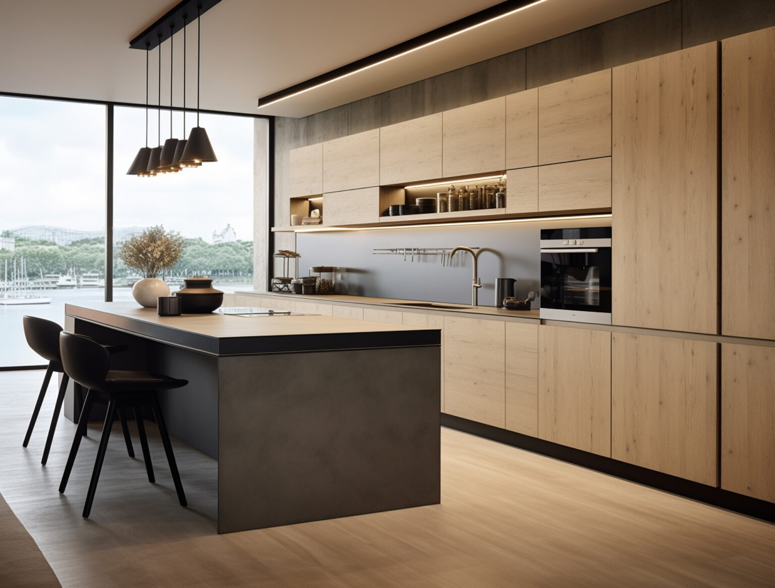 Cocina a medida en Alicante con isla central y muebles modernos, diseñada para mejorar el flujo de trabajo y almacenamiento.
