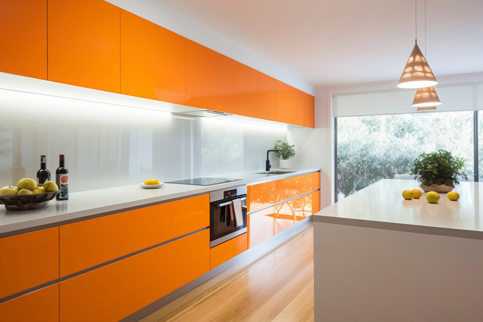 Cocina moderna en Calpe con muebles lacados en color y diseño minimalista, instalación profesional personalizada.
