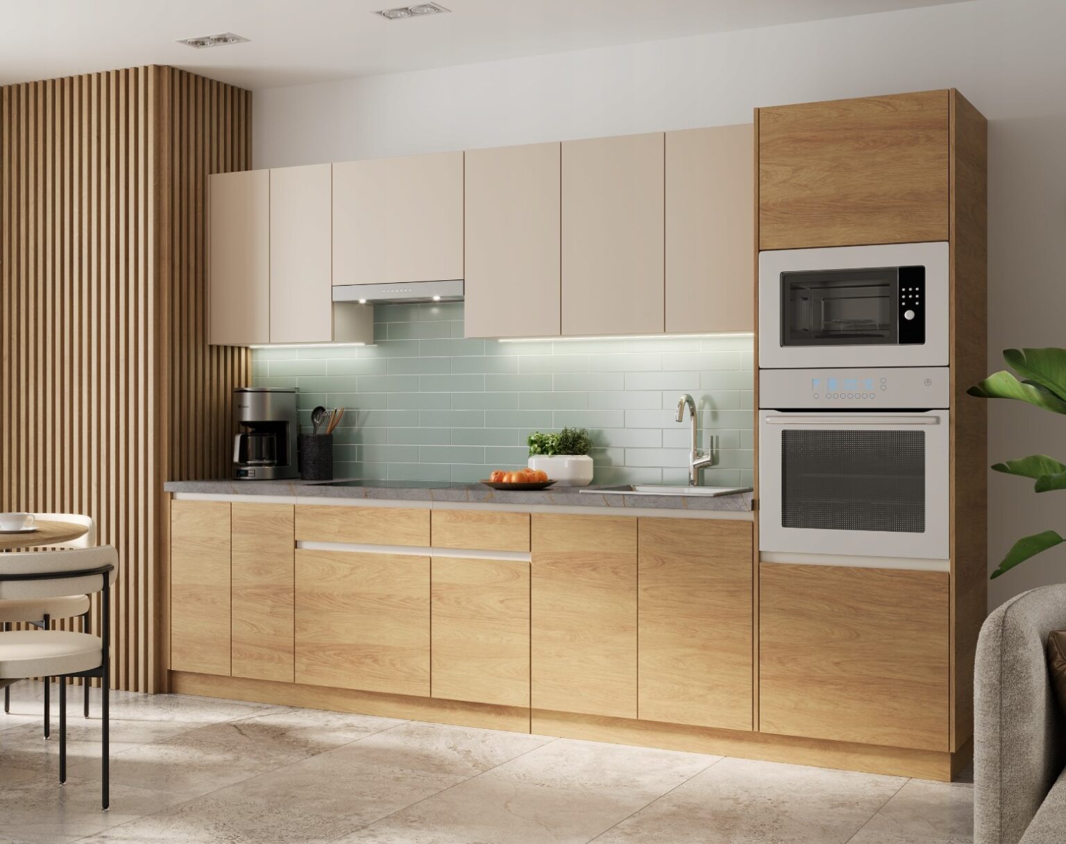 Cocina a medida en Alicante con muebles en acabado madera y beige, diseñada e instalada por Meblisa para optimizar espacio y funcionalidad.